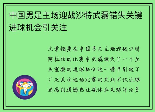 中国男足主场迎战沙特武磊错失关键进球机会引关注 中国男足主场迎战沙特武磊错失关键进球机会引关注