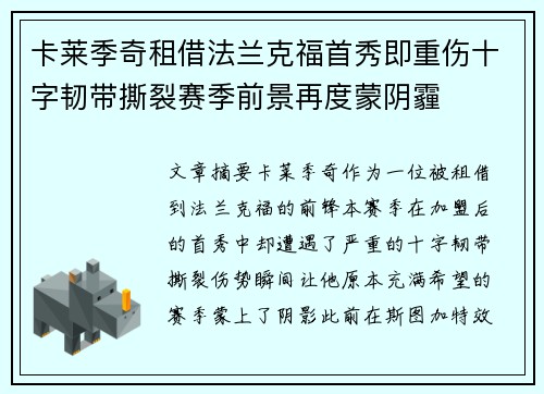 卡莱季奇租借法兰克福首秀即重伤十字韧带撕裂赛季前景再度蒙阴霾 卡莱季奇租借法兰克福首秀即重伤十字韧带撕裂赛季前景再度蒙阴霾